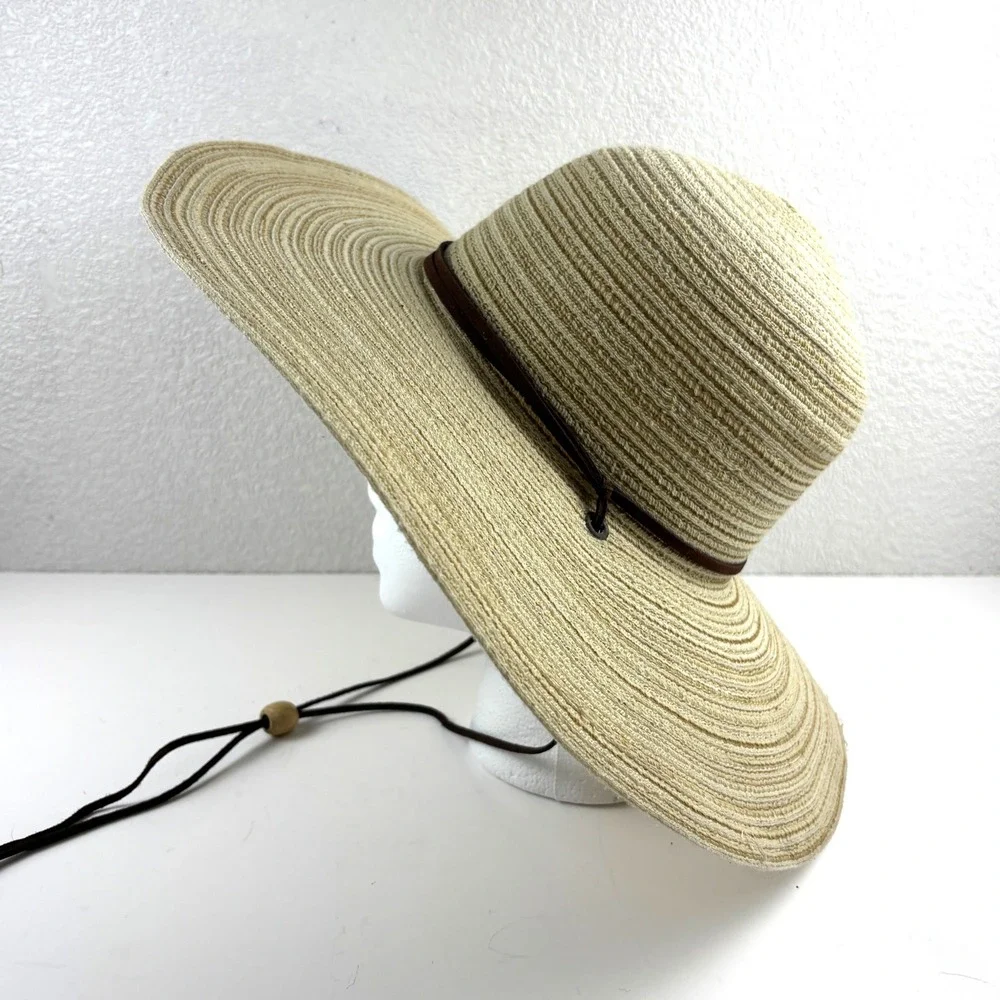 Shoe Shack Sun Hat Womens OS Beige Wide Brim Woven Straw Chin Strap Beach Summer